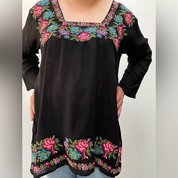 Women's Black embroidered Viscose blouse bohemian top summer Tunic (L) - Picture 1 of 6